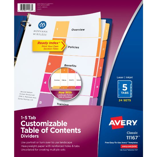 Picture of Avery Ready Index 1-5 Tab Binder Dividers With Customizable Table of Contents, 8-1/2in x 11in, 5 Tab, White/Multicolor, Box Of 24 Sets