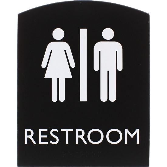 Picture of Lorell Arched Unisex Restroom Sign - 1 Each - 6.8in Width x 8.5in Height - Rectangular Shape - Surface-mountable - Easy Readability, Braille - Plastic - Black