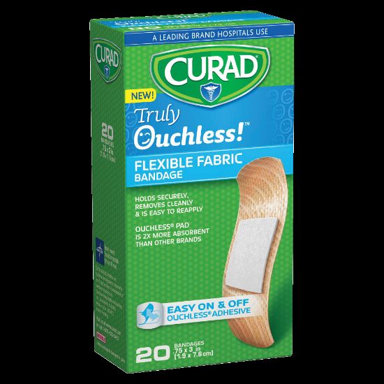 Picture of CURAD Truly Ouchless Self-Adhesive Bandage Strips, 3/4in x 3in, Beige, Pack Of 20