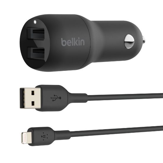 Picture of Belkin 42-Watt Dual USB Car Charger With USB-A To Lightning Cable, Black