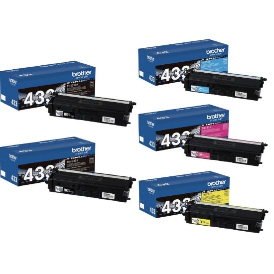 Picture of Brother TN433 Black; Cyan; Magenta; Yellow High Yield Toner Cartridges, Pack Of 5, TN433KKCMY-OD