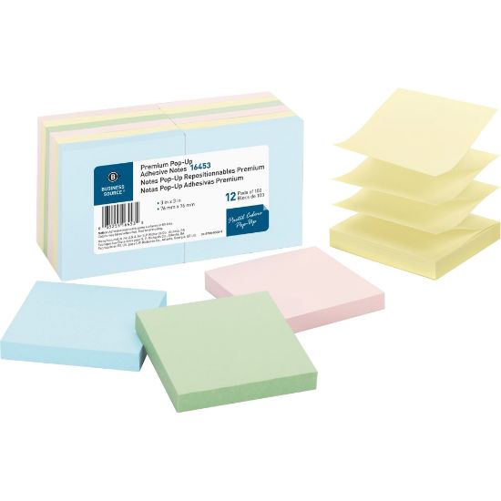 Picture of Business Source Reposition Pop-up Adhesive Notes - 3in x 3in - Square - Assorted Pastel - Removable, Repositionable, Solvent-free Adhesive - 12 / Pack