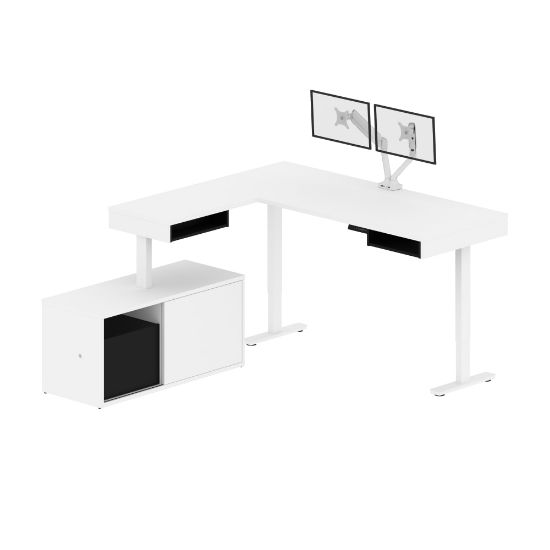 Picture of Bestar Pro-Vega 81inW L-Shaped Standing Corner Desk With Dual Monitor Arm And Credenza, White/Black