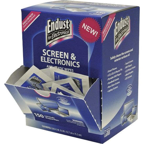 Picture of Endust Screen/Electronics Clean Wipes - For Smartphone, Handheld Device, Notebook, LCD, GPS Navigation System, Display Screen - Anti-static, Alcohol-free, Ammonia-free, Soft, Non-abrasive - 150 / Pack - Blue