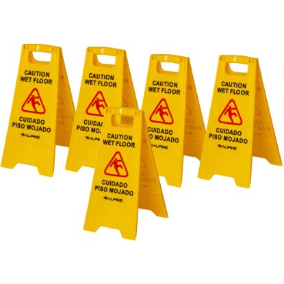 Picture of Alpine Industries Bilingual Caution Wet Floor Signs, 24-5/8in x 11-13/16in, Yellow, Pack Of 5 Signs