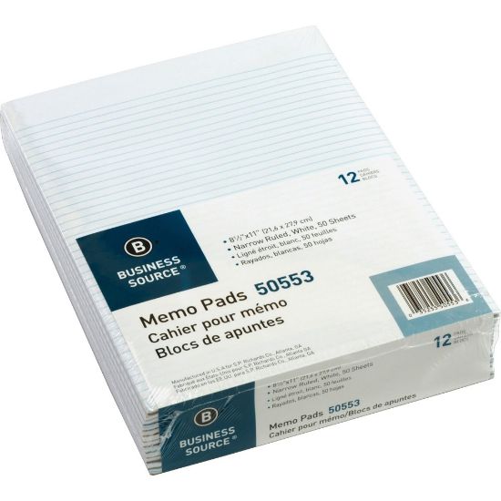 Picture of Business Source Glued Top Ruled Memo Pads - Letter - 50 Sheets - Glue - Narrow Ruled - 16 lb Basis Weight - Letter - 8 1/2in x 11in - White Paper - 1 Dozen