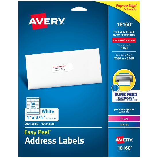 Picture of Avery Easy Peel Permanent Inkjet/Laser Address Labels, 18160, 1in x 2 5/8in, White, Pack Of 300