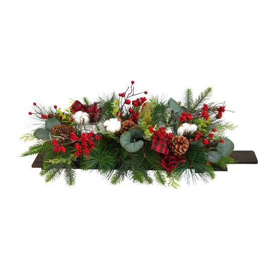 Picture of Nearly Natural 7inH Holiday Berries, Pine Cones And Eucalyptus Christmas Artificial Arrangement, 7inH x 24inW x 12inD, Brown/Green