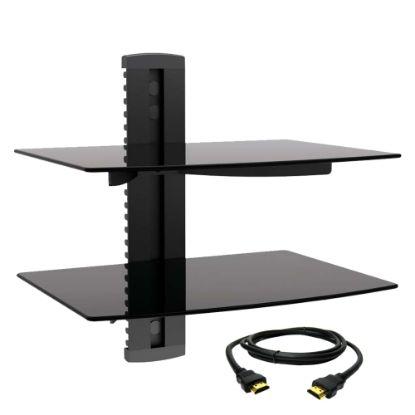 Picture of MegaMounts Tempered-Glass Double Shelf Wall Mount With HDMI Cable, 15inH x 14.25inW x 11inD, Black