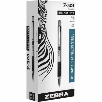 Picture of Zebra Pen Stainless Steel Ballpoint Pens, Fine Point, 0.7mm, Stainless Steel, Black, Pack of 12