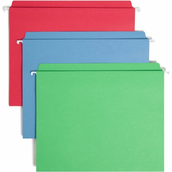 Picture of Smead FasTab Straight Tab Cut Letter Recycled Hanging Folder - 8 1/2in x 11in - Assorted Position Tab Position - Blue, Green, Red - 10% Recycled - 18 / Box