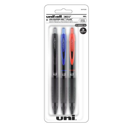 Picture of uni-ball 307 Retractable Gel Pens, Microtip Point, 0.5 mm, Black Barrel, Assorted Ink Colors, Pack Of 3