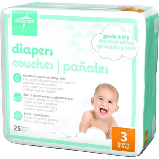 Picture of Medline Disposable Baby Diapers, Size 3, 16-28 Lb, White, 25 Diapers Per Pack, Case Of 8 Packs