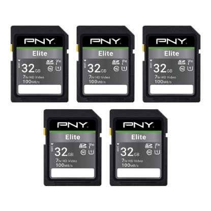 Picture of PNY Elite Class 10 U1 V10 SDHC Flash Memory Cards, 32GB, Pack Of 5 Memory Cards