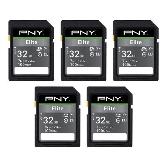 Picture of PNY Elite Class 10 U1 V10 SDHC Flash Memory Cards, 32GB, Pack Of 5 Memory Cards