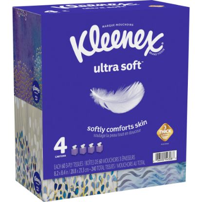 Picture of Kleenex Ultra Soft 3-Ply Unscented Tissues, 8-1/4in x 8-7/16in, 65 Per Box, Pack Of 4 Boxes