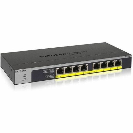 Picture of NETGEAR GS108LP - Switch - unmanaged - 8 x 10/100/1000 (PoE+) - desktop, rack-mountable, wall-mountable - PoE+ (60 W) - DC power