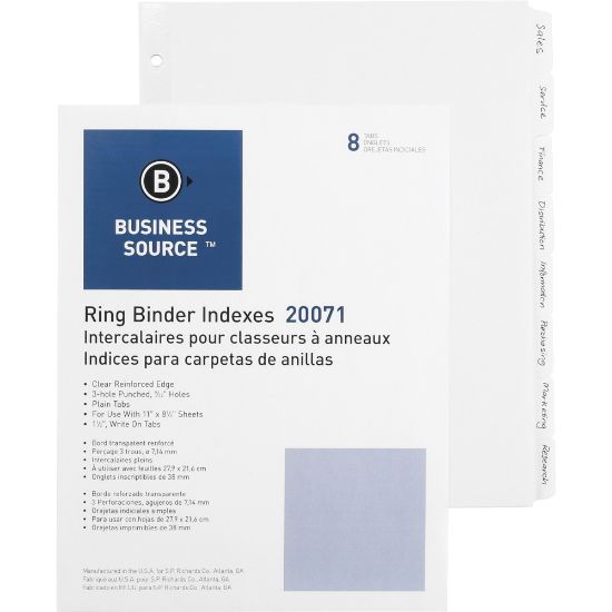 Picture of Business Source 3-Ring Plain Tab Indexes - 8 Write-on Tab(s)1.25in Tab Width - 8.5in Divider Width x 11in Divider Length - Letter - 3 Hole Punched - White Divider - 100 / Box