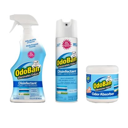 Picture of OdoBan Odor Eliminator Disinfectant Spray Assortment And Solid Odor Absorber, Fresh Linen Scent, 60.6 Oz, Pack Of 3 Bottles