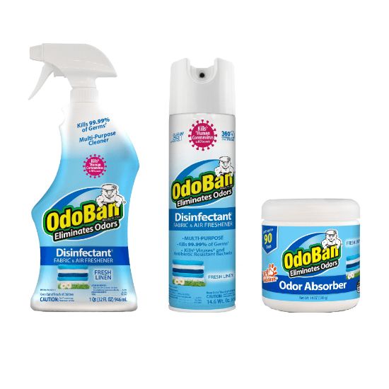 Picture of OdoBan Odor Eliminator Disinfectant Spray Assortment And Solid Odor Absorber, Fresh Linen Scent, 60.6 Oz, Pack Of 3 Bottles