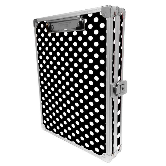 Picture of Vaultz Patterned Locking Storage Clipboard, 2-5/16in x 10in, Black/White Polka Dots