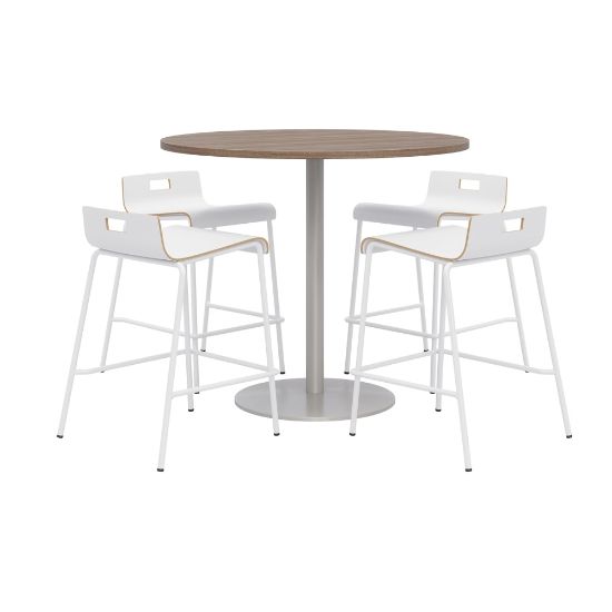 Picture of KFI Studios Proof Round High Bistro Table With 4 Low Back Stools, Espresso/Silver Table, White Chairs