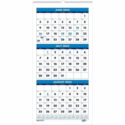 Picture of House of Doolittle Three-month Vertical Academic Wall Calendar - Academic - Julian Dates - Monthly - 14 Month - June 2024 - July 2025 - 3 Month Single Page Layout - Wire Bound - Teal - Paper - 8in Height x 17in Width - Reference Calendar - 1 Each