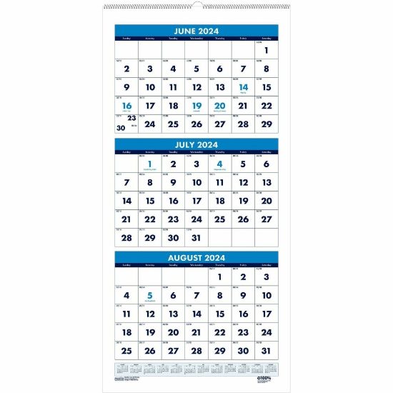 Picture of House of Doolittle Three-month Vertical Academic Wall Calendar - Academic - Julian Dates - Monthly - 14 Month - June 2024 - July 2025 - 3 Month Single Page Layout - Wire Bound - Teal - Paper - 8in Height x 17in Width - Reference Calendar - 1 Each