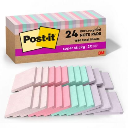 Picture of Post-it Super Sticky Recycled Notes, 3 in x 3 in, 24 Pads, 70 Sheets/Pad, 2x the Sticking Power, Wanderlust Pastels Collection, 100% Recycled