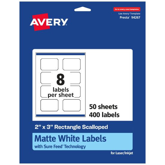 Picture of Avery Permanent Labels With Sure Feed, 94267-WMP50, Rectangle Scalloped, 2in x 3in, White, Pack Of 400