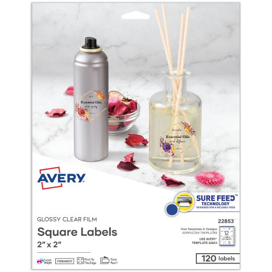 Picture of Avery Print-To-The-Edge Labels, 22853, Square, 2in x 2in, Glossy Clear, Pack Of 120