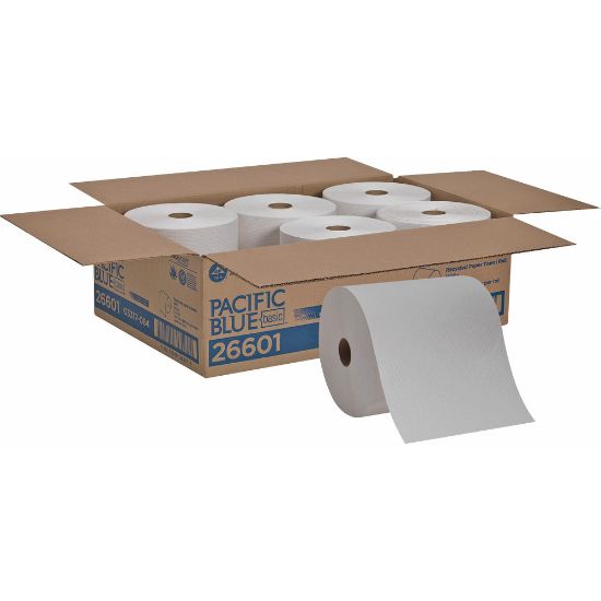 Picture of Pacific Blue Basic Recycled Paper Towel Roll - 1 Ply - 7.88in x 800 ft - White - Absorbent, Chlorine-free, Nonperforated - For Multipurpose - 6 / Carton