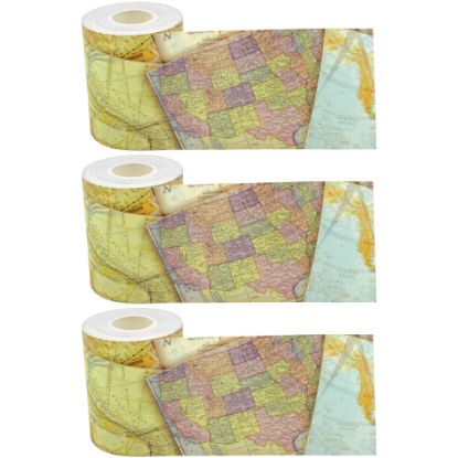 Picture of Teacher Created Resources Straight Rolled Border Trim, Travel The Map, 50' Per Roll, Pack Of 3 Rolls