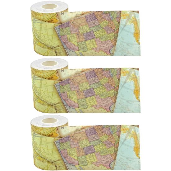 Picture of Teacher Created Resources Straight Rolled Border Trim, Travel The Map, 50' Per Roll, Pack Of 3 Rolls