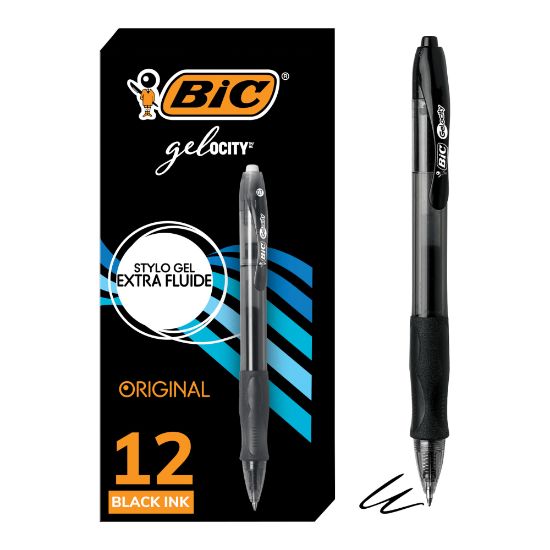 Picture of BIC Gel-ocity Original Long Lasting Retractable Gel Pens, Medium Point, 0.7 mm, Black Barrel, Black Ink, Pack Of 12