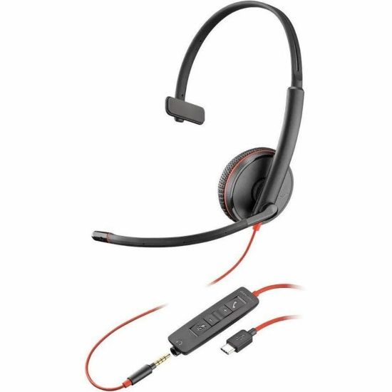 Picture of Poly Blackwire 3215 Monaural USB-C Headset + 3.5mm Plug + USB-C/A Adapter - Mono - USB Type C, Mini-phone (3.5mm) - Wired - 32 Ohm - On-ear - Monaural - Ear-cup - 7.40 ft Cable - Omni-directional Microphone - Noise Canceling - Black