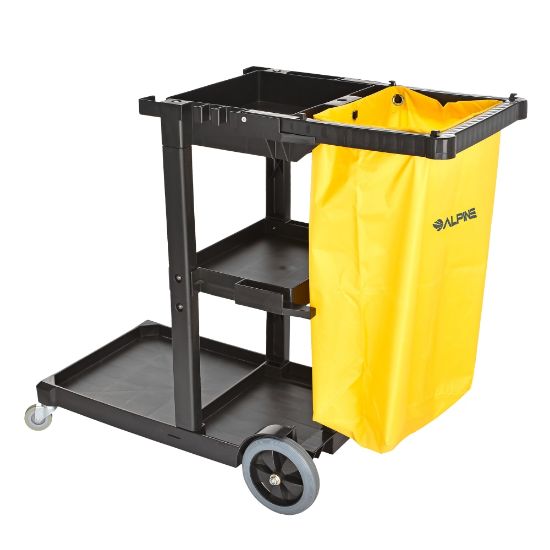 Picture of Alpine 3-Shelf Janitorial Platform Cleaning Cart, 47-5/8inH x 18-15/16inW x 39-1/4inD, Yellow/Black