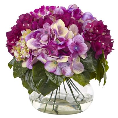 Picture of Nearly Natural Hydrangea 11inH Plastic Floral Arrangement With Round Glass Vase, 11inH x 12inW x 12inD, Multi-Tone Beauty