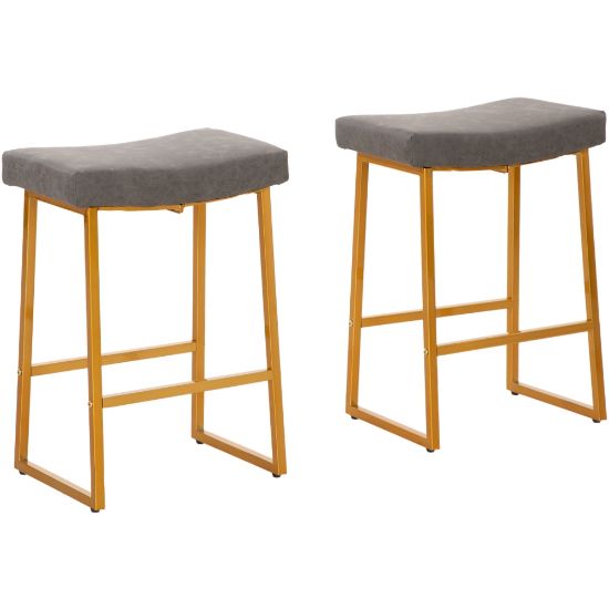 Picture of ALPHA HOME Saddle Design PU Leather Counter-Height Stools, Gray/Gold, Set Of 2 Stools