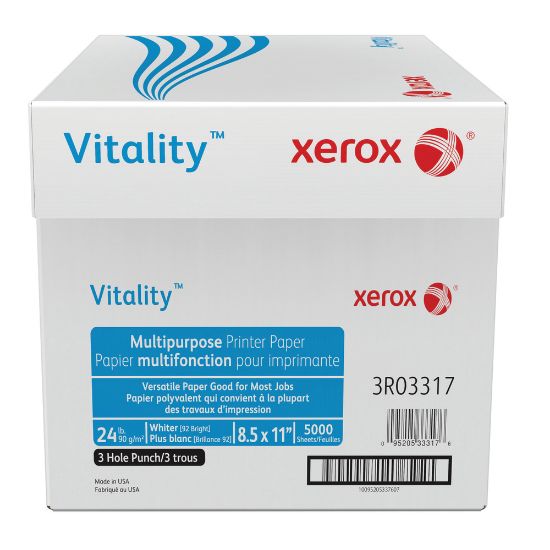 Picture of Xerox Vitality 3-Hole Punched Multi-Use Printer & Copy Paper, 10 Reams, White, Letter (8.5in x 11in), 5000 Sheets Per Case, 24 Lb, 92 Brightness, FSC Certified