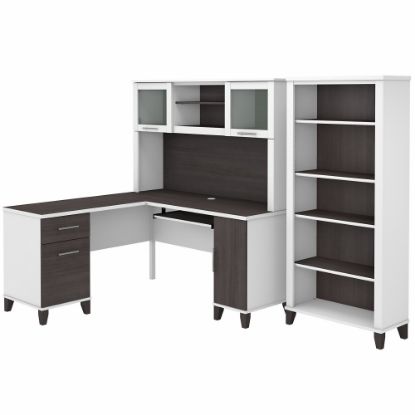 Picture of Bush Furniture Somerset 60inW L-Shaped Desk With Hutch And 5-Shelf Bookcase, Storm Gray/White, Standard Delivery