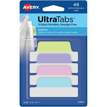 Picture of Avery UltraTabs Repositionable Margin Tabs - Write-on Tab(s) - 1in Tab Height x 2.50in Tab Width - Assorted Pastel Tab(s) - 48 / Pack