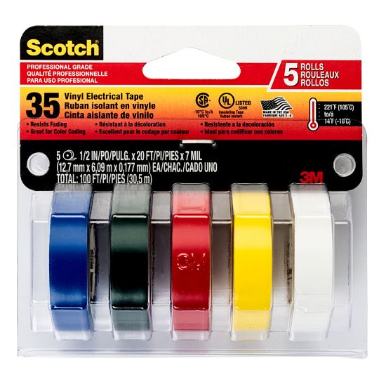 Picture of Scotch Professional Quality Electrical Tape, 0.5in x 6.67ft, Pack Of 5 Tapes