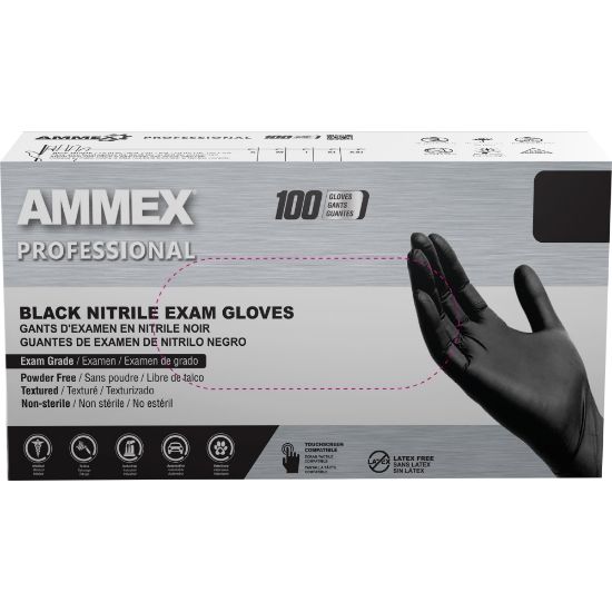 Picture of Ammex Professional Powder-Free Exam-Grade Nitrile Gloves, Medium, Black, Box Of 100 Gloves