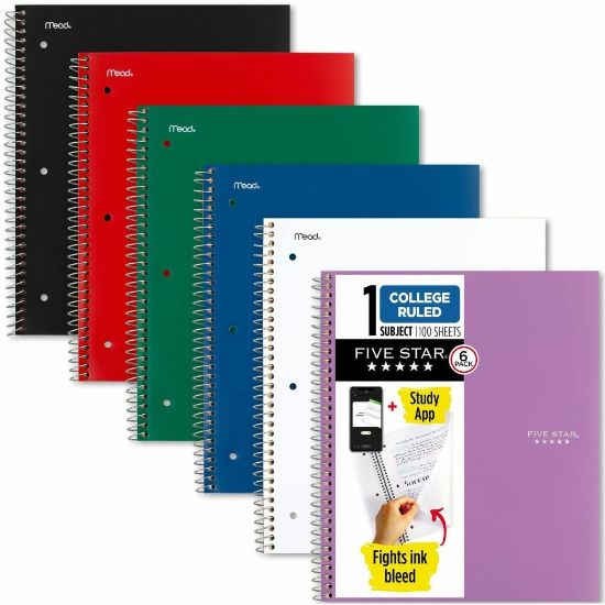 Picture of Mead Five Star Spiral Notebooks, 1 Subject, College Ruled, 100 Sheets, Assorted, Pack Of 6