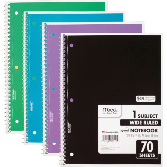 Picture of Mead Spiral Notebooks, 1 Subject, Wide Ruled, 70 Sheets, Assorted Colors, Pack Of 4 Notebooks