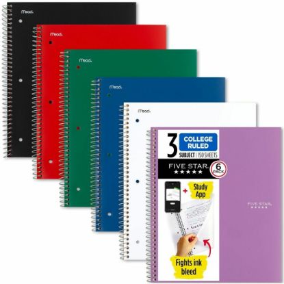 Picture of Mead Five Star Spiral Notebooks, 8.5in x 11in, 3 Subject, College Ruled, 150 Sheets, Assorted, Pack Of 6