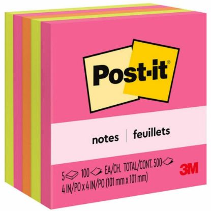 Picture of Post-it Notes - Poptimistic Color Collection - 4in x 4in - Square - 100 Sheets per Pad - Fuchsia, Neon Green, Neon Orange - Repositionable, Self-adhesive - 5 / Pack