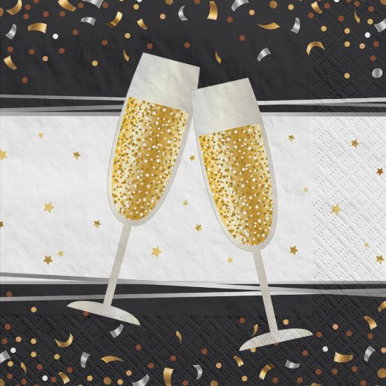 Picture of Amscan New Years Eve Pop Clink Cheers Beverage Napkins, 5in x 5in, Black, Pack Of 100 Napkins