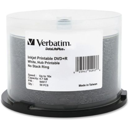 Picture of Verbatim Inkjet Printable DVD+R Discs, 4.7GB, 16x, Spindle, White, 50/Pack